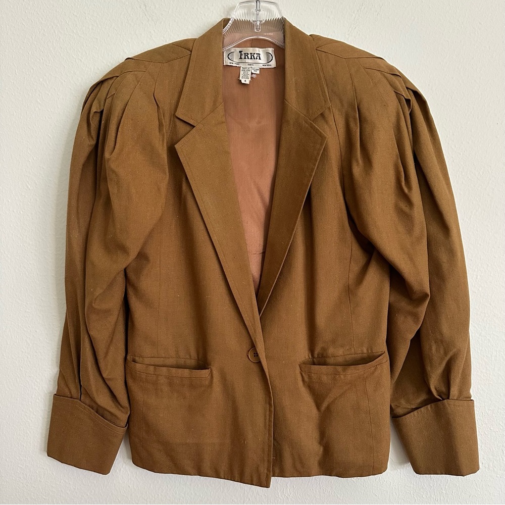 IRKA Vintage 80s Pleated Shoulder Crop Blazer Jacket Sz 4 Tasar Silk Mud Brown
